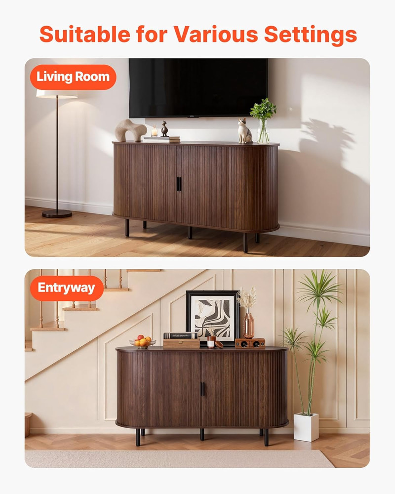 Mid Century Coffee Bar Cabinet with Storage & Sliding Doors, Walnut