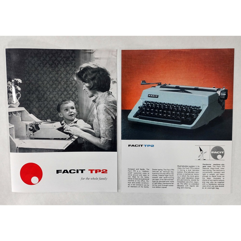 Facit TP2 Typewriter User Instruction Manual and Ad Insert