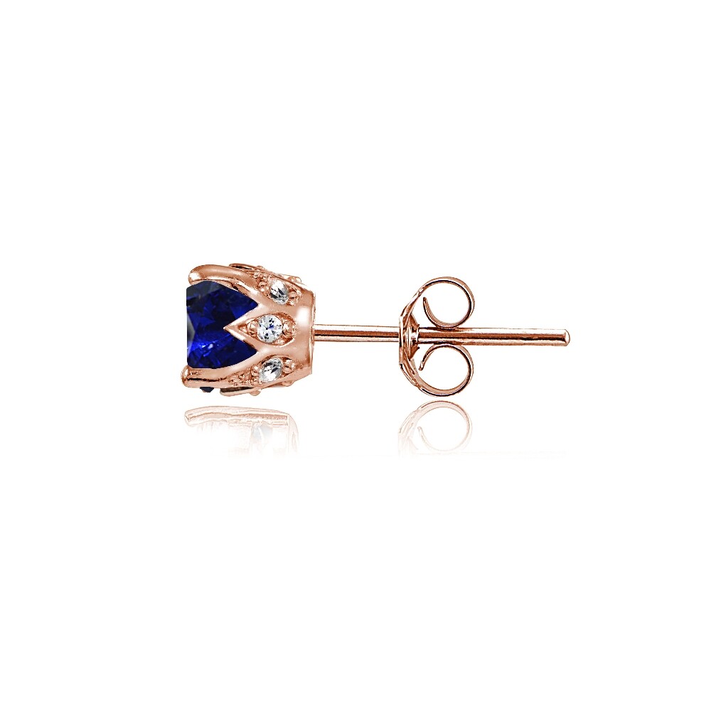 Rose Gold Flashed Sterling Silver Created Blue Sapphire & CZ Crown Stud Earrings