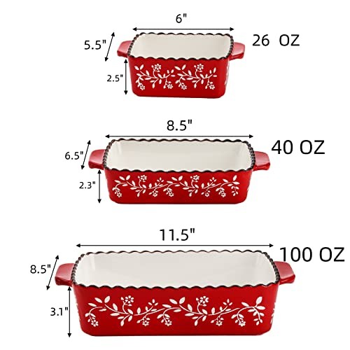 3 Pack Ceramic Bakeware Set, Porcelain Rectangular Baking Dish Lasagna Red