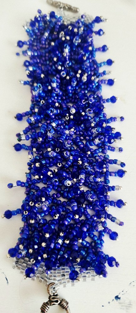 Handcrafted Blue Silver Glass Beaded Bracelet Toggle Clasp Asymmetrical