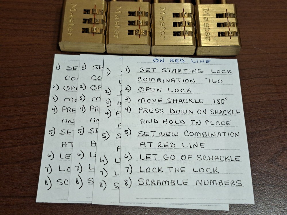 Lot of 4 MASTER COMBINATION LOCKS w CHANGEABLE COMBINATION FEATURE w INSTRUCTION