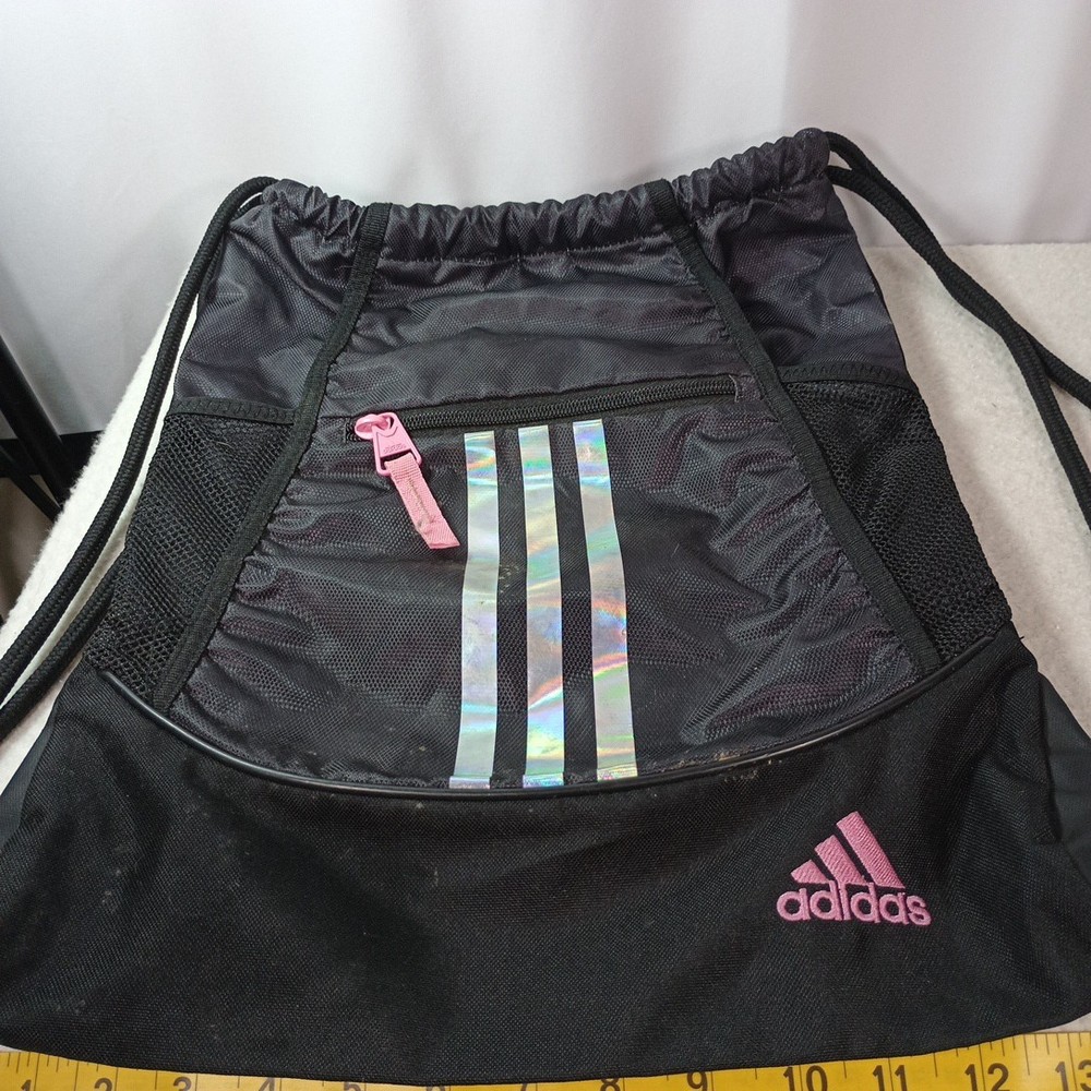Adidas Drawstring Backpack Black Pink 3 Stripe Gym Sack Bag Medium