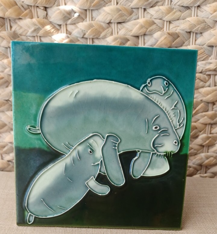 Ceramic Manatee Tile Standing Base Tropical Coastal Beacy Decor
