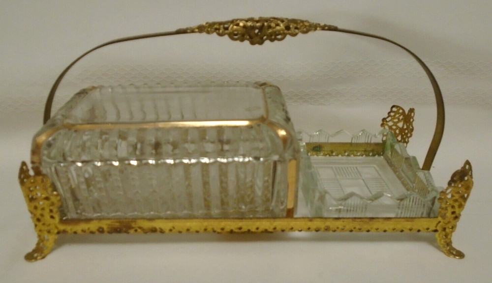 VICTORIAN CIGARETTE BOX & MATCHING CIGARETTE HOLDER BRASS & GLASS