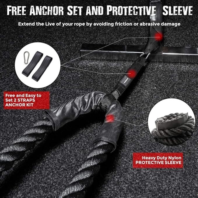 Pro Battle Ropes with Anchor Strap Kit and Exercise Poster Strength Training