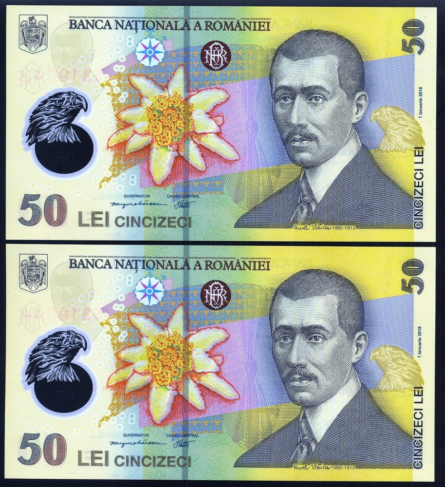 ROMANIA - 50 LEI 2018 (19) UNC - POLYMER - 2 CONSECUTIVE SERIAL NUMBERS