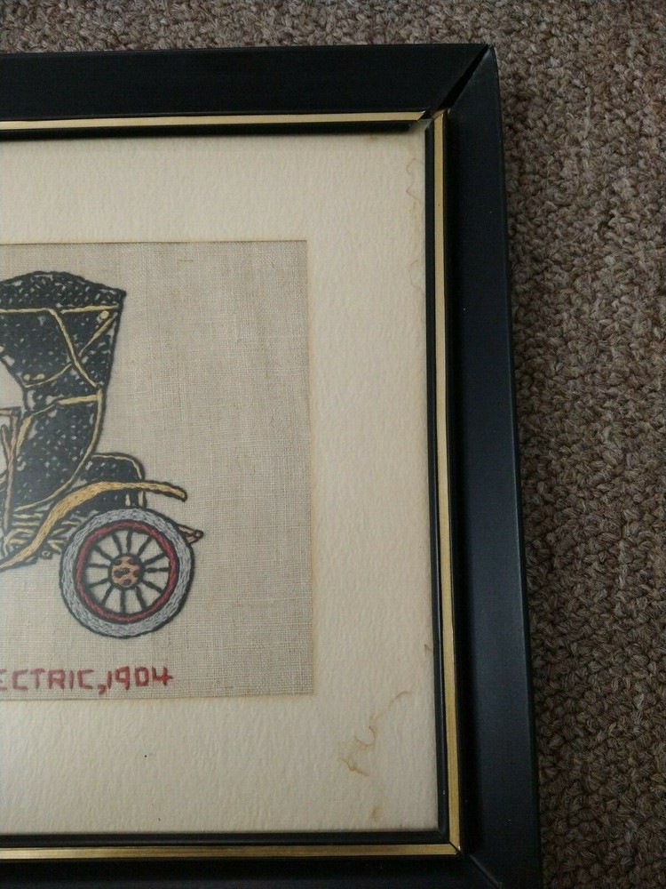 Framed Needlework Cross Stitch Cars - Studebaker Electric,1904 & Buick,1908 2 Pc