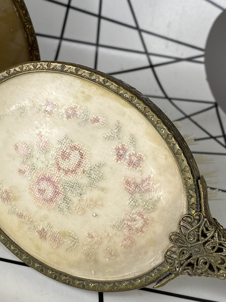 VINTAGE BRASS FILIGREE + PETIT POINT EMBROIDERED Dressing Table CLOCK