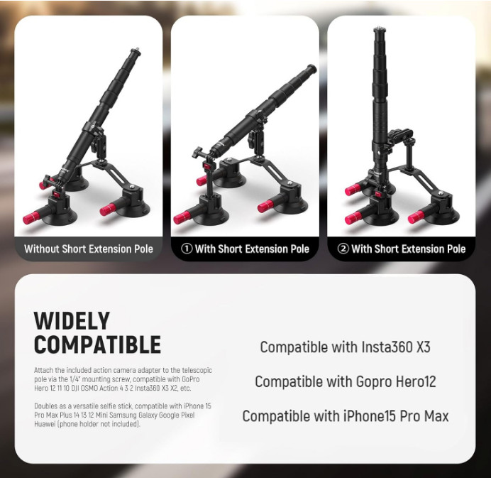 Triple Suction Cup Car Mount Kit with Extension Pole & Camera Adapter, CA065