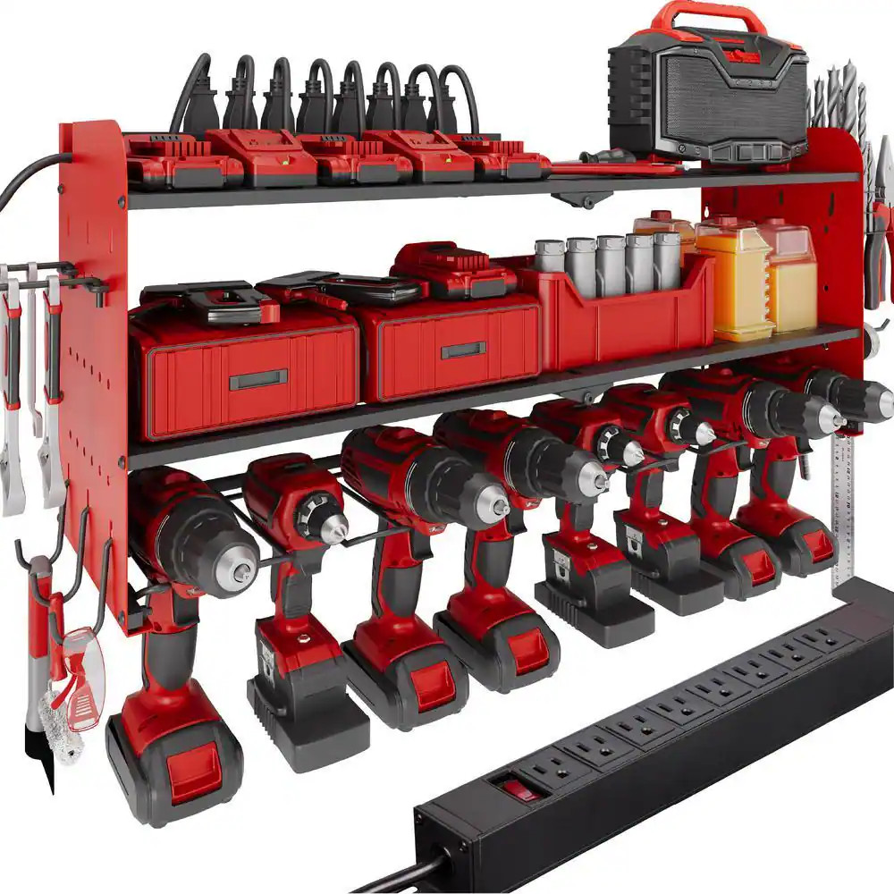 Power Tool Organizer- 8 Drill Wall Mount with Charging Station, Red