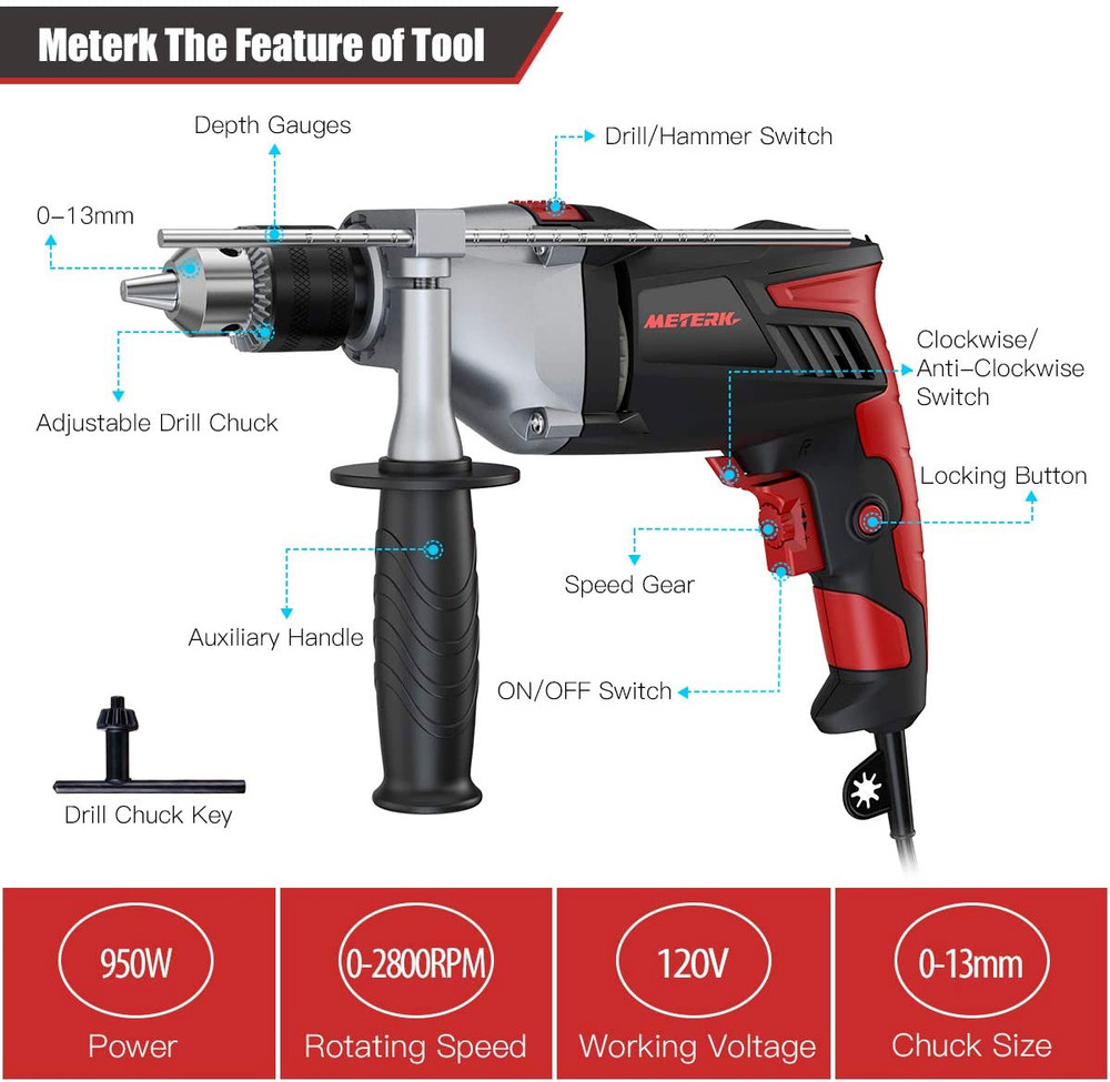 Hammer Drill 950W High Power Impact Drill Tool 13MM Keyed Chuck 17Variable Speed