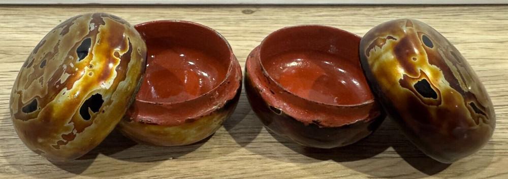 Pair Small Lacquerware Round Containers - 4cm Tall