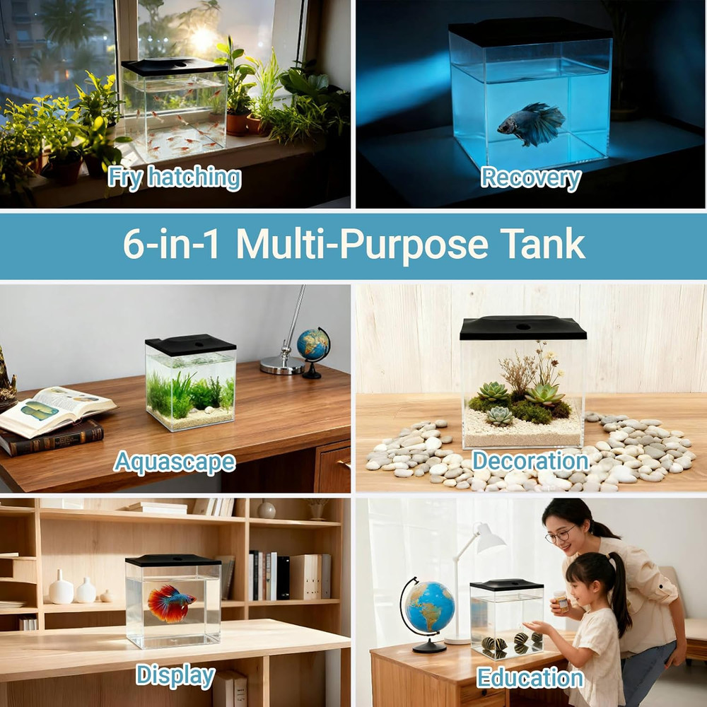 0.8-Gallon Cube Fish Bowl Shatterproof Plastic LED Lighting Temporary Tank