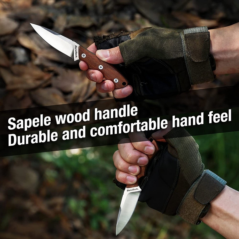 DURATECH Compact Fixed Blade Knife 6'' Full Tang Wood Handle with Molded Sheath