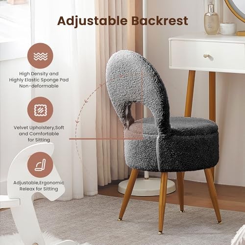 Vanity Stool with Storage and Backrest, Folding Back & Velvet Sherpa Black