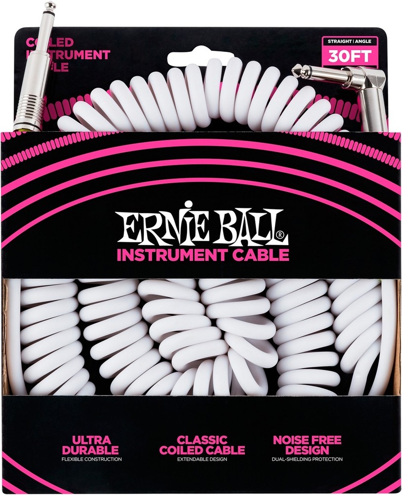 Ernie Ball Coiled Straight-Angle Instrument Cable - White 30 ft.