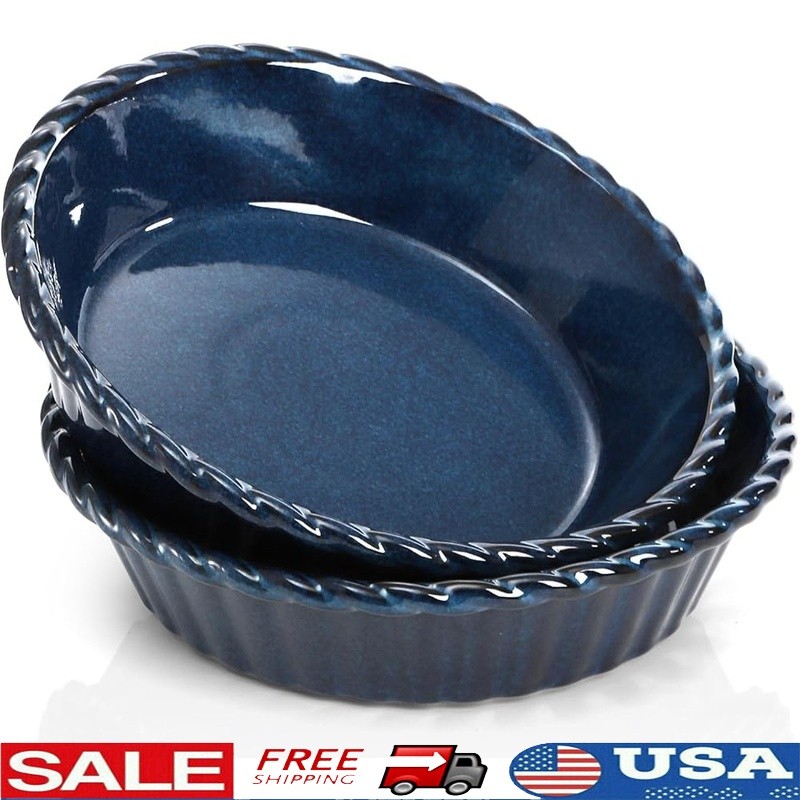 Ceramic Pie Pan Set 2 Pack Deep Blue Baking Dish Oven Safe Dishwasher Safe New