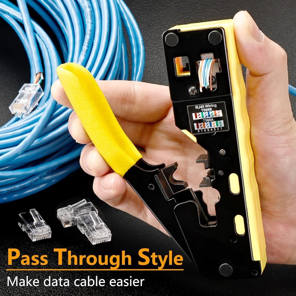 Ergonomic RJ45 Crimp Tool Kit: Pass Through Connectors & Network Tester Included