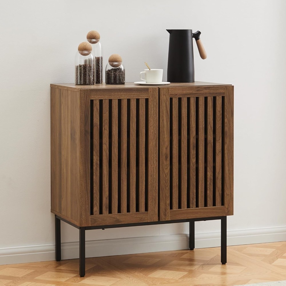 Grille Buffet Cabinet W/ Storage Sideboards 2 Doors W/ Metal Base & Adjustable