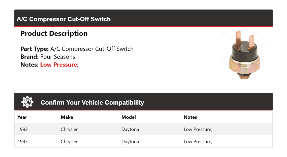 For 1992-1993 Chrysler Daytona A/C Compressor Cut-Off Switch 4 Seasons