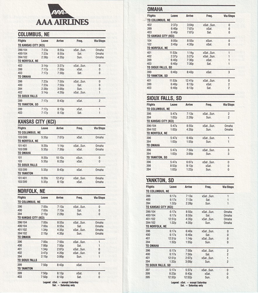 AAA Airlines timetable 1984/10/01