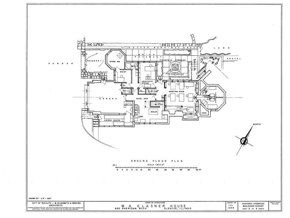 Frank Lloyd Wright Prairie Style hillside house, PRINTED Architectural plans