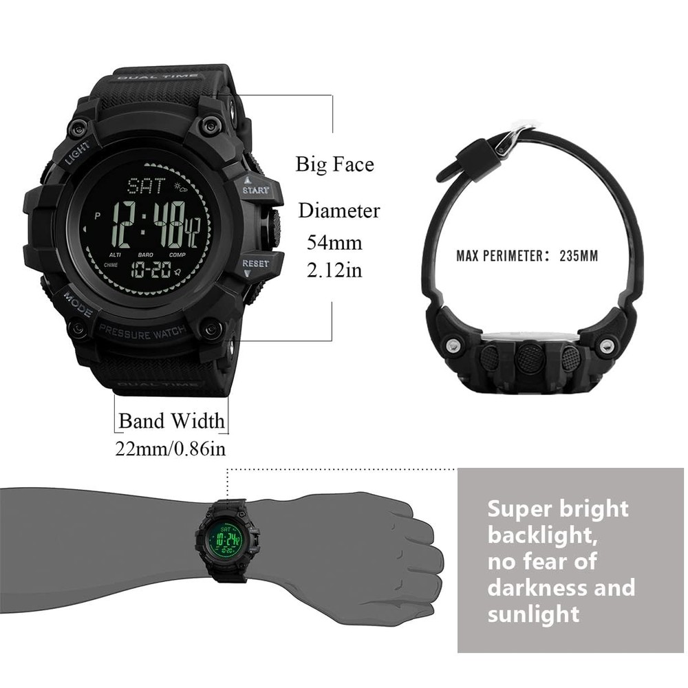 AOSLSI Watch Compass, Altimeter Barometer Thermometer Temperature, Black-A