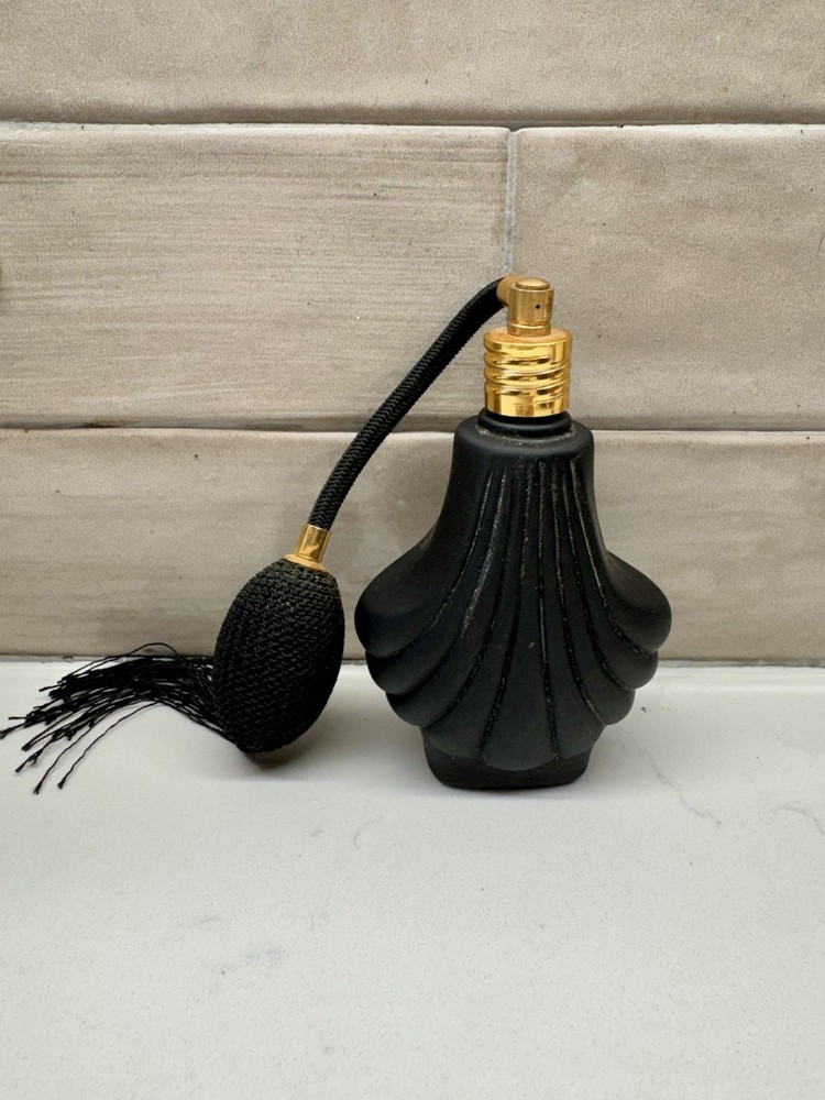 Perfume Bottle With Atomizer Black Satin Glass Art Deco Shell