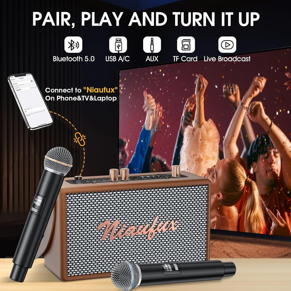 Retro Karaoke Machine - Two Wireless Microphones Portable Bluetooth Rechargeable