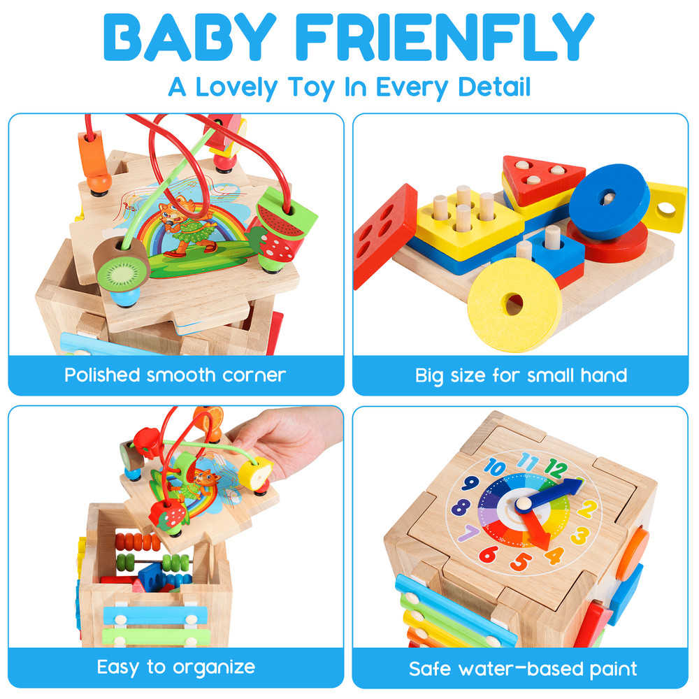 Bonus Sorting & Stacking Board | 8-In-1 Wooden Baby Activity Cube-FGQA