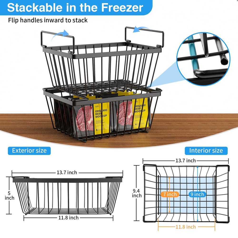 Freezer Organizers Bins with Folding Handles，4 Pack Stackable Upright Freezer...