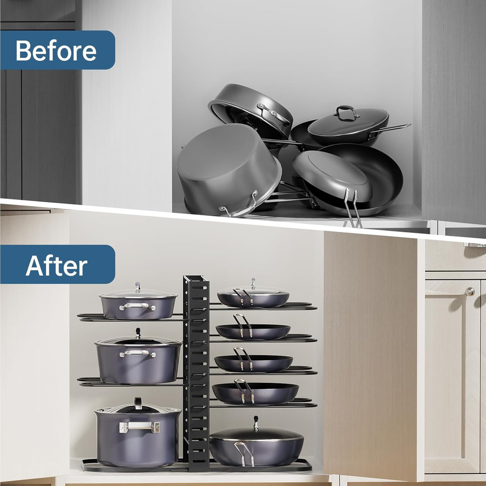 Pots and Pans Organizer: under Cabinet, Adjustable 8-Tier Pot Organizers inside