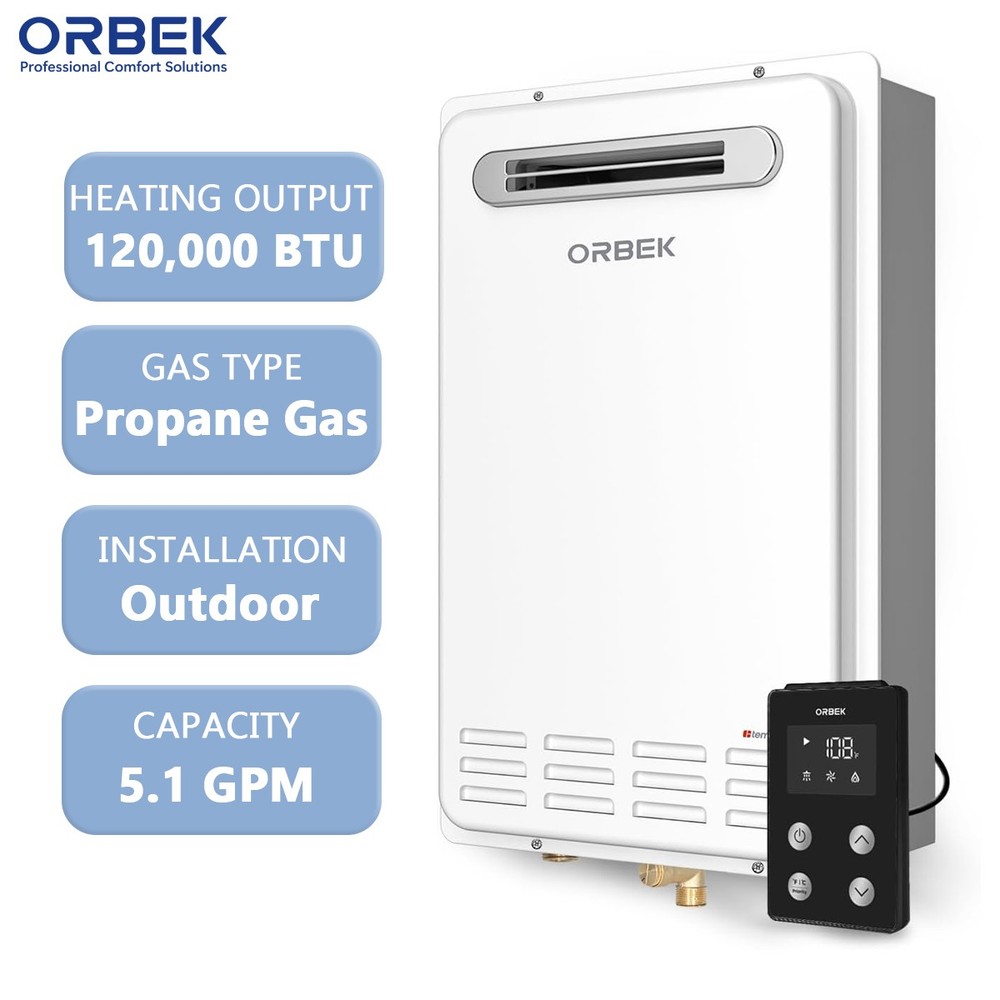 ORBEK 120,000BTU Propane Gas Tankless Water Heater Outdoor 5.1 GPM CSA Certified