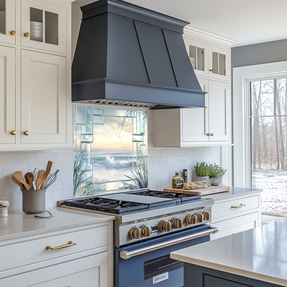 Ocean Landscape Scene Printed Tempered Glass Kitchen Backsplash Splashback Decor