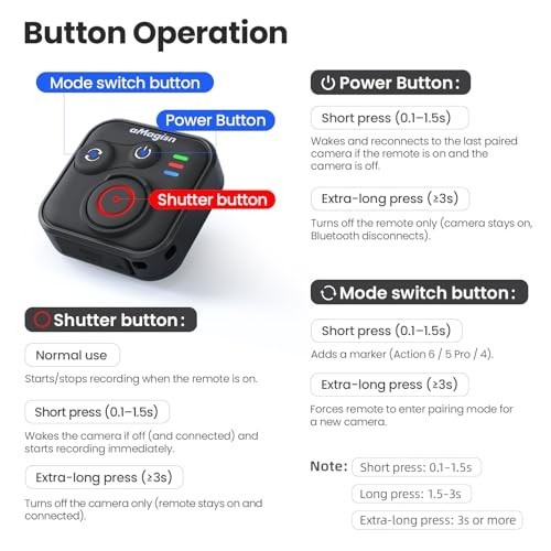 Wireless Bluetooth Remote Control for DJI Osmo Action 6/5/4 - 50M Range, Smart A