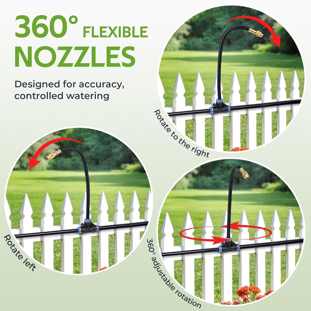 360° Adjustable Drip Irrigation System 100FT, 1/4" Tubing with Adjustable Copper