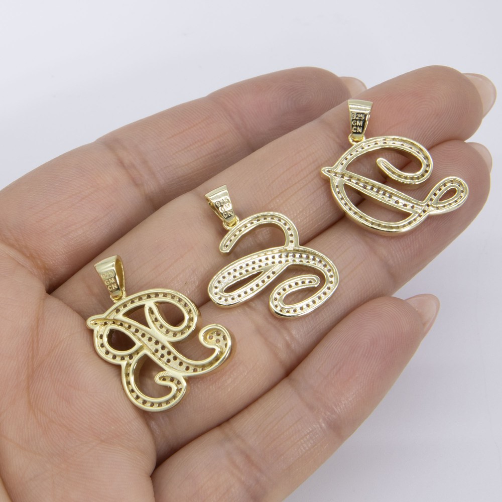 1" CZ Cursive Initial Letter Pendant Yellow White Sterling Silver 925