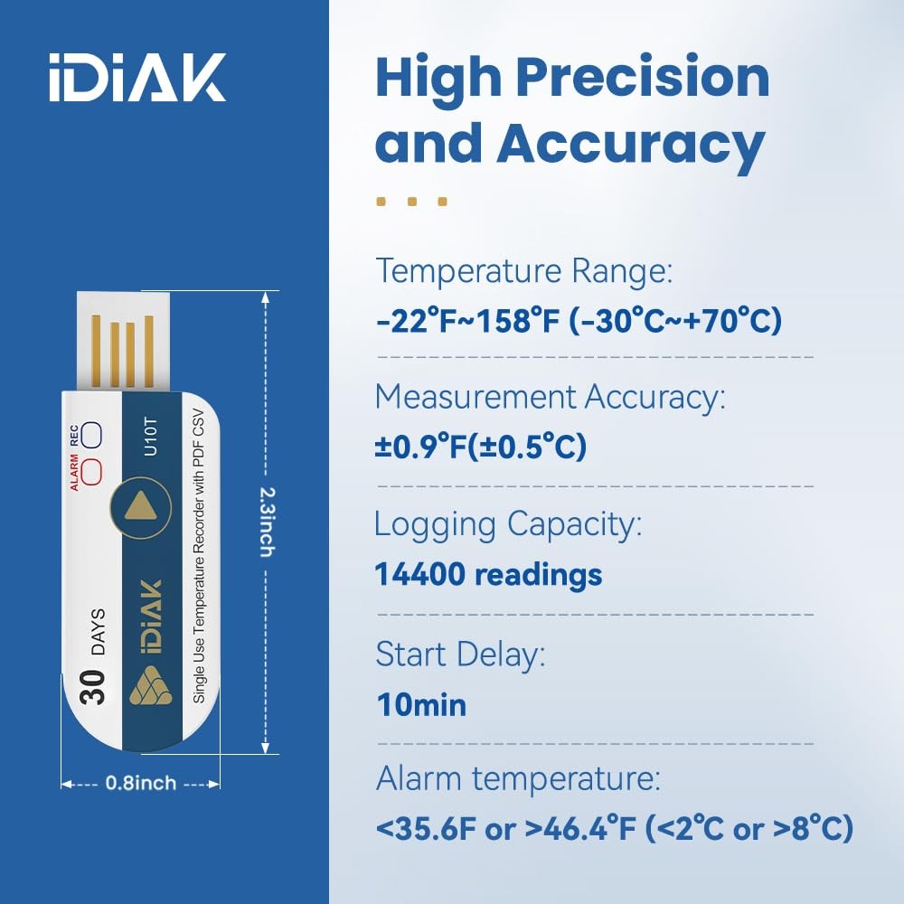 iDiAK U30T 5 Pack USB Temperature Data Logger Single Use Temp Recorder with PDF