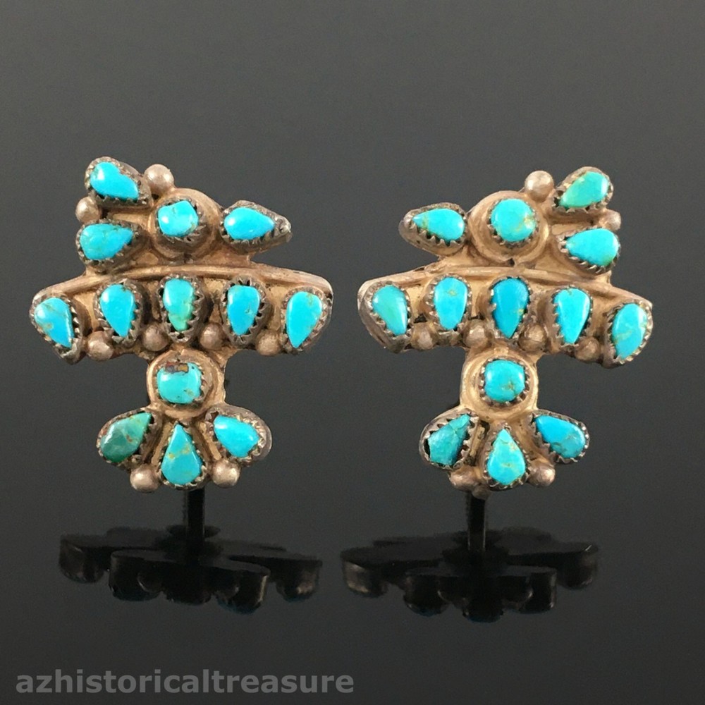 NATIVE AMERICAN ZUNI STERLING SILVER NATURAL & TURQUOISE E THUNDERBIRD EARRINGS