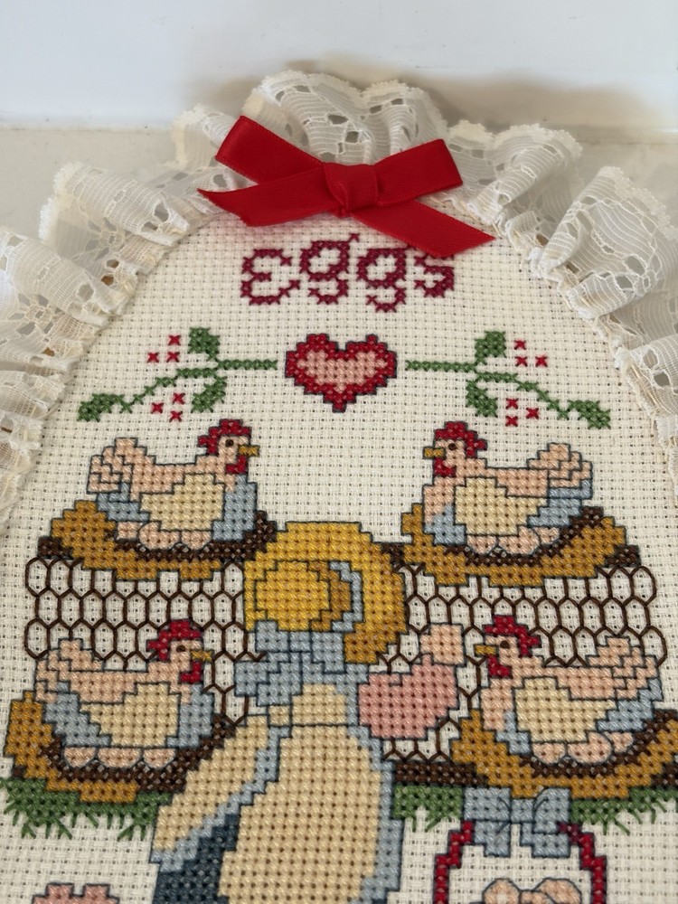 Vintage “Fresh Eggs “Finished Crosstitch In Oval Frame