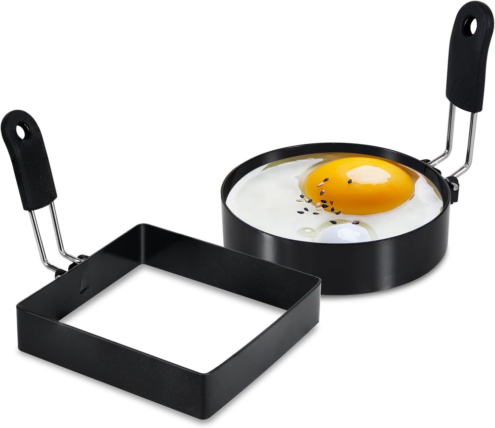 2-Pack Round+Square Egg Rings Set with Silicone Handle, Stainless Steel Egg Cook