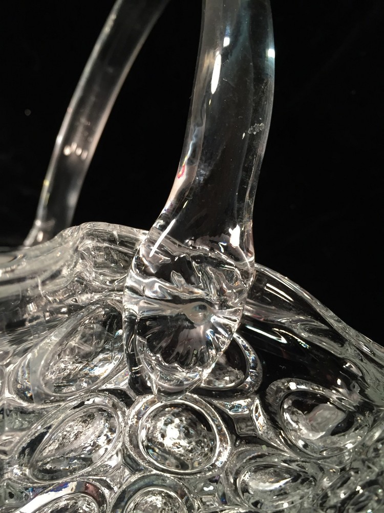 Clear Heavy Pressed Glass Oval Basket w/Handle Bubble Design
