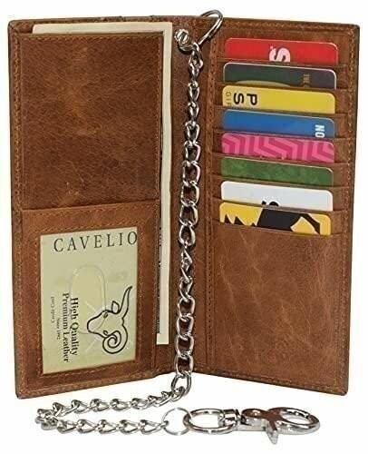 Genuine Leather Men's Chain Biker Wallet Long Bifold Checkbook RFID Blocking Wal