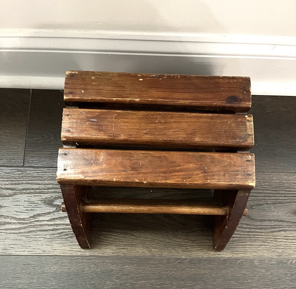 Vintage Handcrafted Oak Wood Step Stool Primitive Distressed Solid Foot Bench