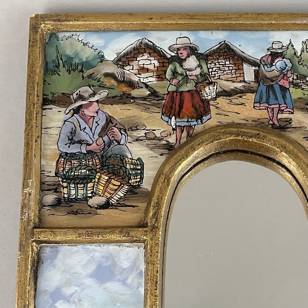 Vintage Peruvian Reverse Painted Wall Mirror Framed Hand Painted Folk Art