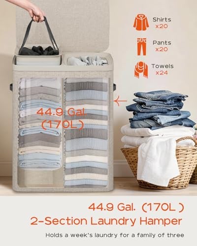 Laundry Basket with Lid, Laundry Hamper 2 Section, 170L 170L(2-Section) Beige