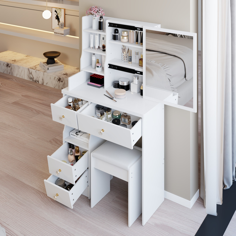 29.2" Small Space Left Drawer Desktop Vanity Table + Cushioned Stool, Extra La