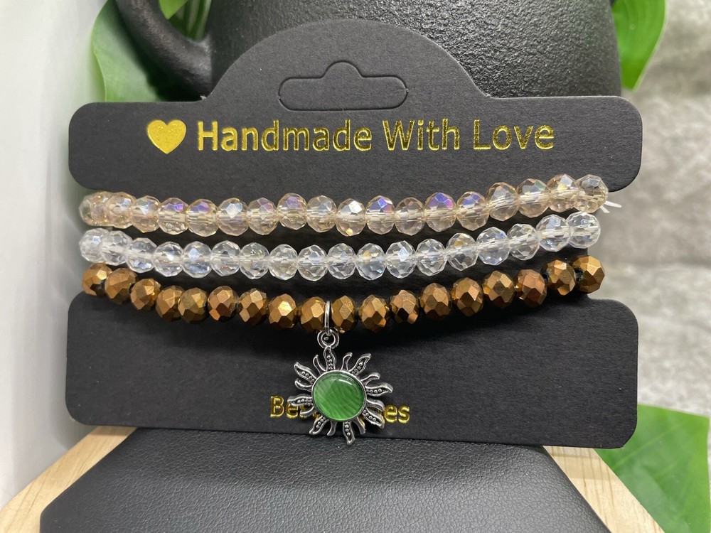 3 PC Handmade Beaded Boho 6.5” Plus Stretch Charm Bracelet Set Sunburst B4024