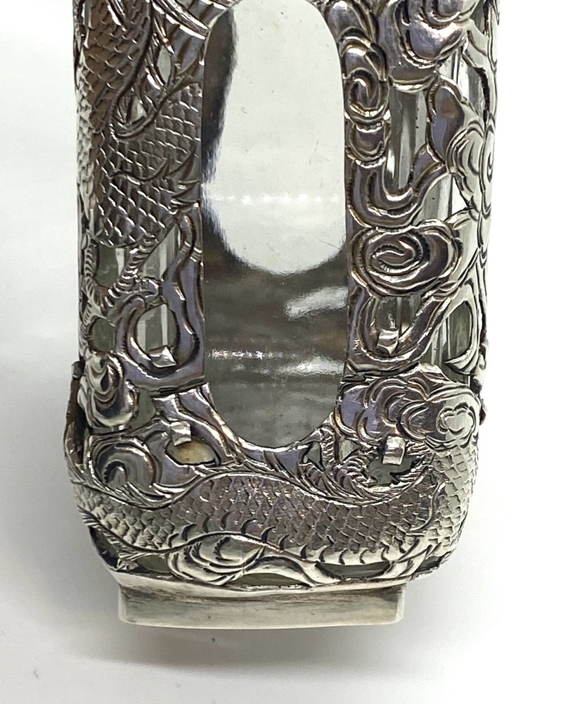 Antique Asian Signed Silver Overlay Dragon Pattern Bitters Bottle 5” 143g